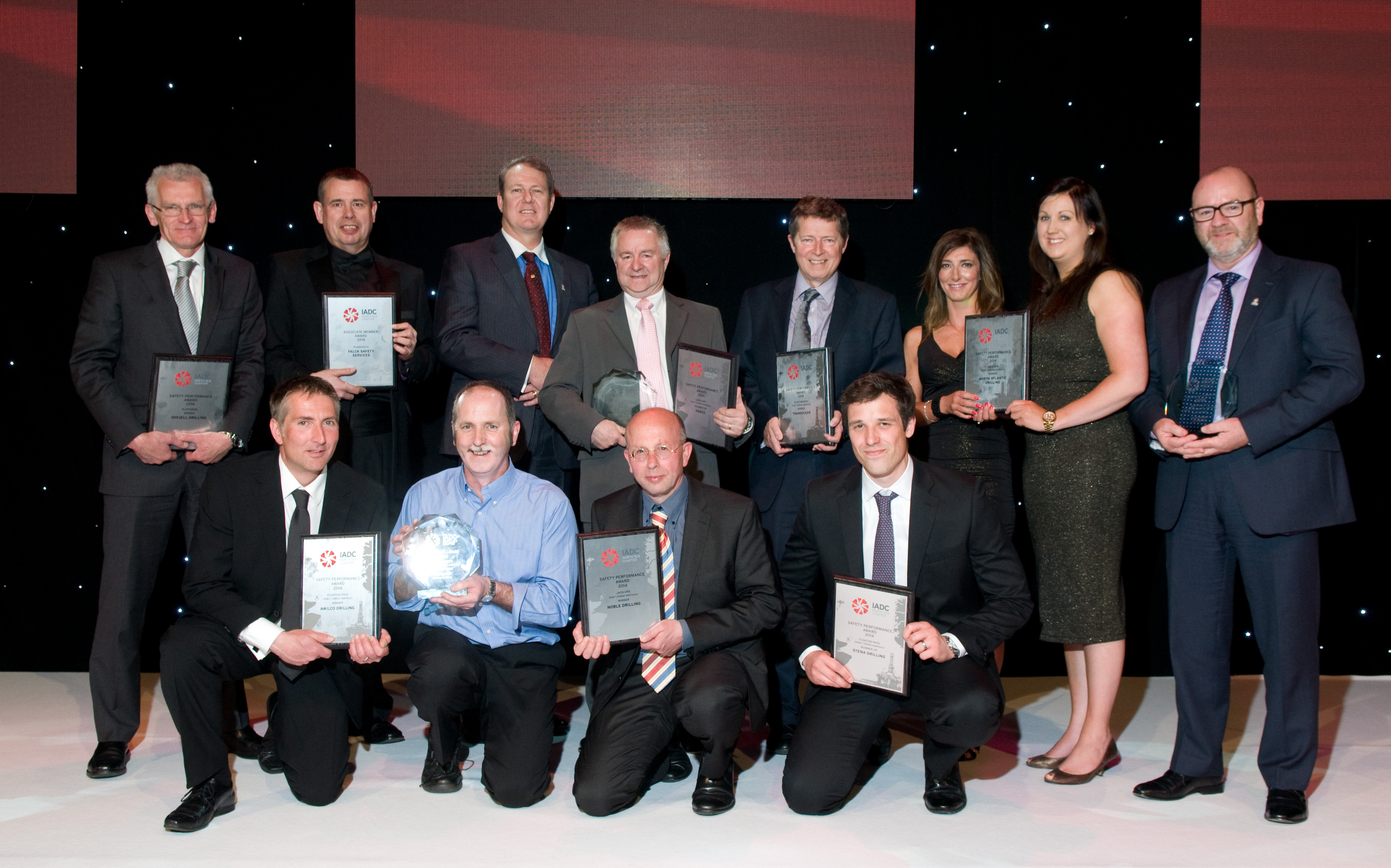 IADC safety awards winners and runners-up 2015, Left to right: BACK ROW: Eddie Fowler, Odfjell Drilling; Neil Burr, Falck Safety Services; Lee Reborse, Noble Drilling; Eric Holmes, Ensco; Adrian Blake, Transocean; Nicola Riddel and Eilidh Shaw, North Atlantic Drilling; Jim Paterson, KCA Deutag. FRONT ROW: Mike Brumfield, Awilco Drilling; Pete Thomson, on behalf of Awilco Drilling; Hans Krielen, Noble Drilling; Tony Rhodes, Stena Drilling