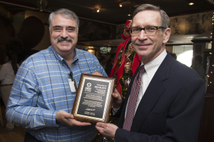 Ben Bloys (left), longtime Chairman of the IADC Drilling Engineers Committee and its predecessor the Drilling Engineering Association (DEA), is honored with a plaque presented by Keith Lynch of ConocoPhillips, Mr Bloys’ s successor to the DEC chair. Mr Bloys is a seasoned drilling engineer and serves as Chevron’s Manager of the Chevron-Los Alamos Technology Alliance. Mr Bloys was instrumental in reinventing DEA as the DEC and bringing it fully into IADC. He said that he intends to continue to participate in the DEC.